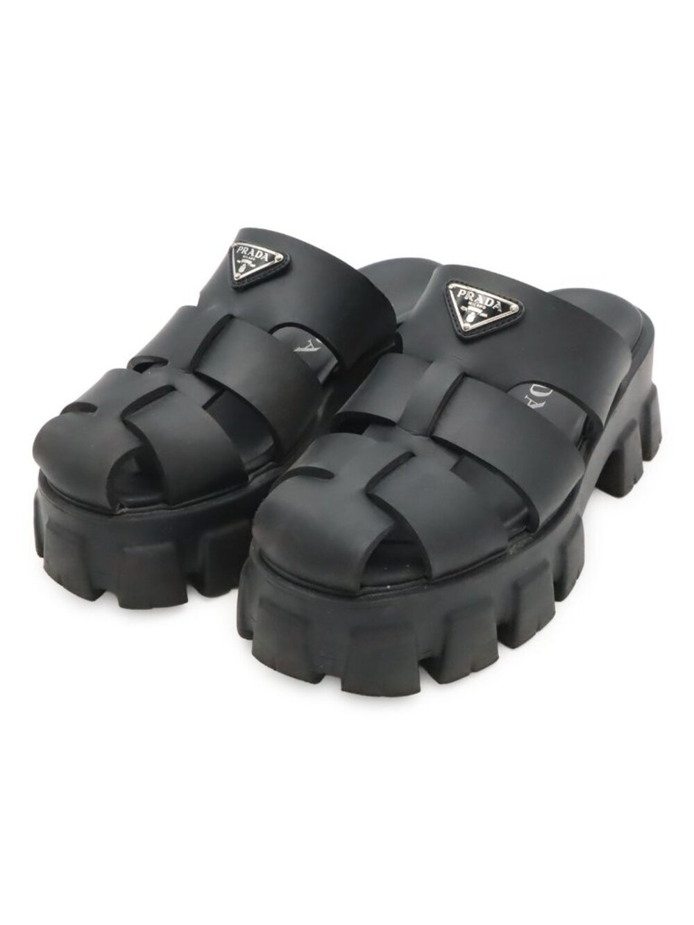 Prada Triangle Logo Monolith Rubber Sandals Platform Nero Black